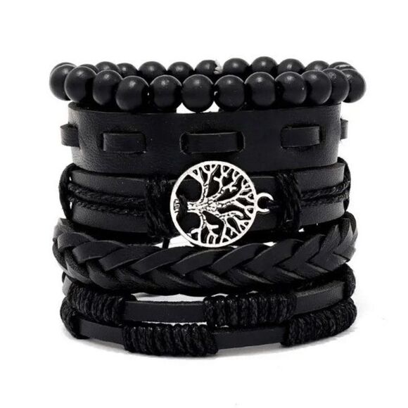 Tree of Life Hand Braided Leather Bead Unisex Bracelets - 5 Piece Set - Picture 1 of 5